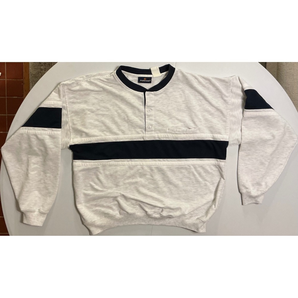 VTG Y2K Mens Henley Rugby Color‎ Block Heather Grey Navy Striped XL